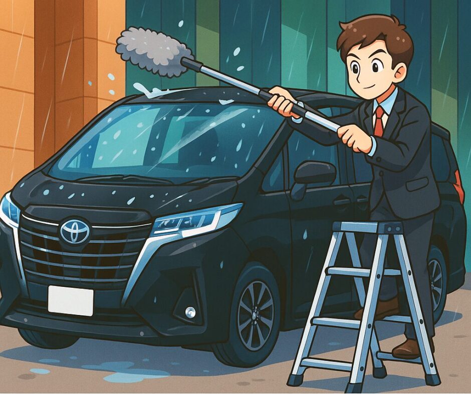 40アルファード 洗車を楽にする脚立を使ってルーフを洗っている様子。