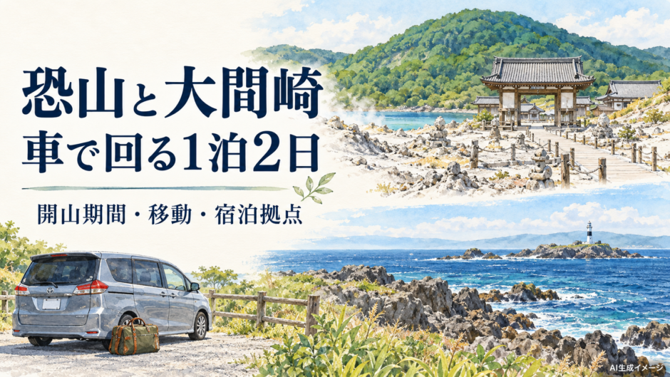 恐山への参拝と大間崎の海辺の散策を車で巡る1泊2日旅行のイメージイラスト