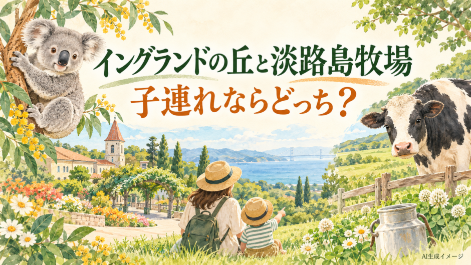イングランドの丘と淡路島牧場の子連れ観光を比較するイメージイラスト
