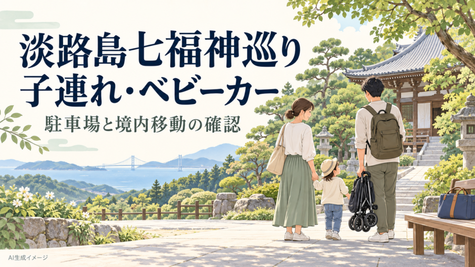 折りたたんだベビーカーを持つ家族と寺院の庭を描いた、淡路島七福神巡りのイメージ