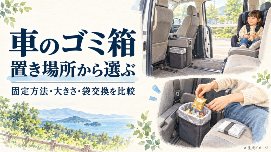 子どもがいる車でゴミ箱の置き場所と袋交換を考えるイメージイラスト