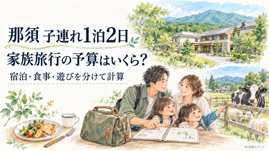 那須の子連れ1泊2日旅行で宿泊費と食事代と観光費を計画する家族のイメージイラスト