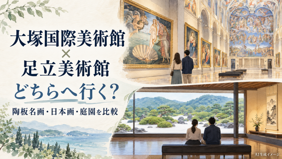 大塚国際美術館の陶板名画と足立美術館の日本画や庭園を比較するイメージイラスト