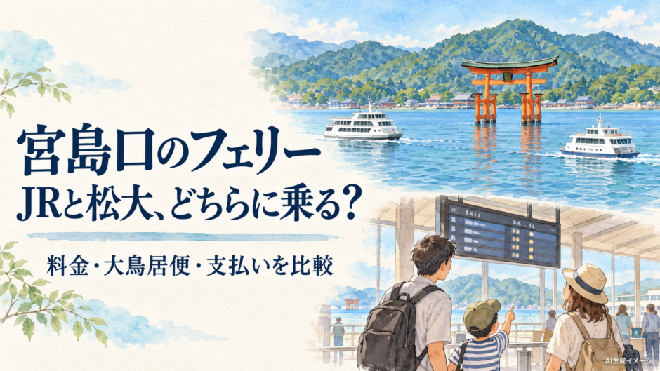 宮島口から宮島へ渡るフェリーを料金と大鳥居便と支払い方法で比較するイメージイラスト