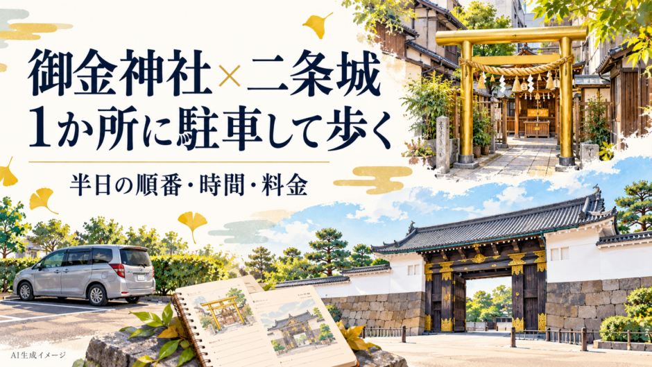 御金神社と二条城を1か所に駐車して歩く半日観光を表したイメージイラスト