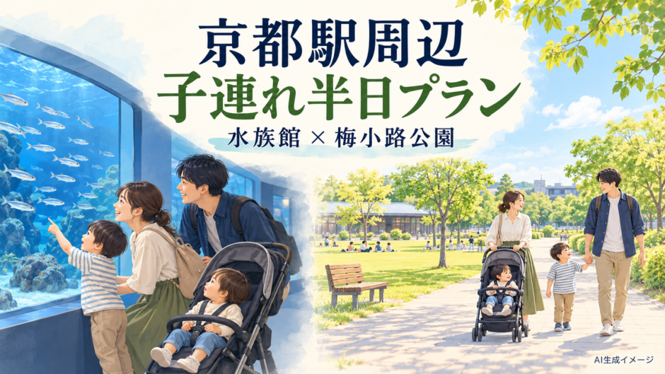 京都水族館と梅小路公園をベビーカーで楽しむ子連れ半日プランのイメージイラスト