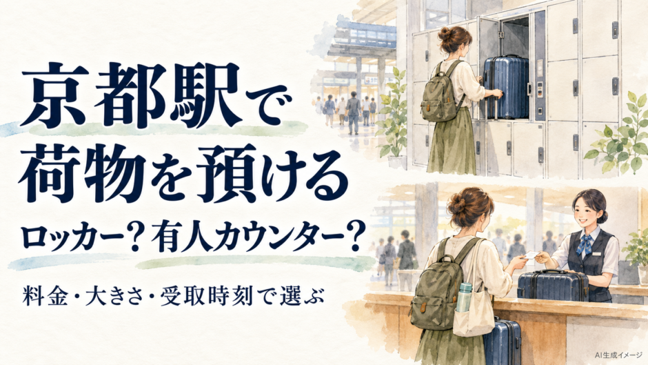 京都駅でコインロッカーと有人の手荷物預かりを比較するイメージイラスト
