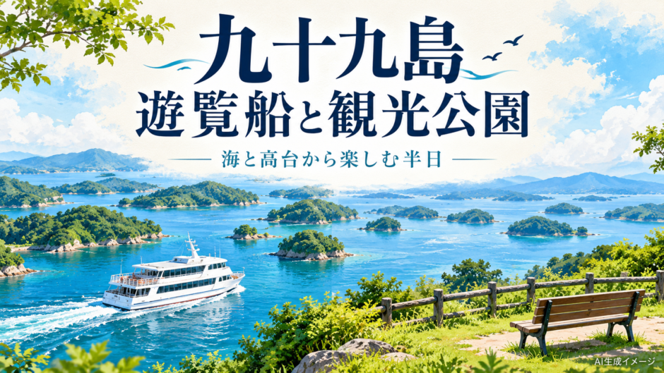 九十九島を遊覧船と高台の観光公園から楽しむ半日観光のイメージイラスト
