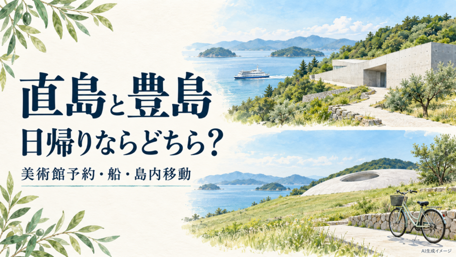 直島と豊島の日帰り観光を美術館と船と島内移動で比較するイメージイラスト