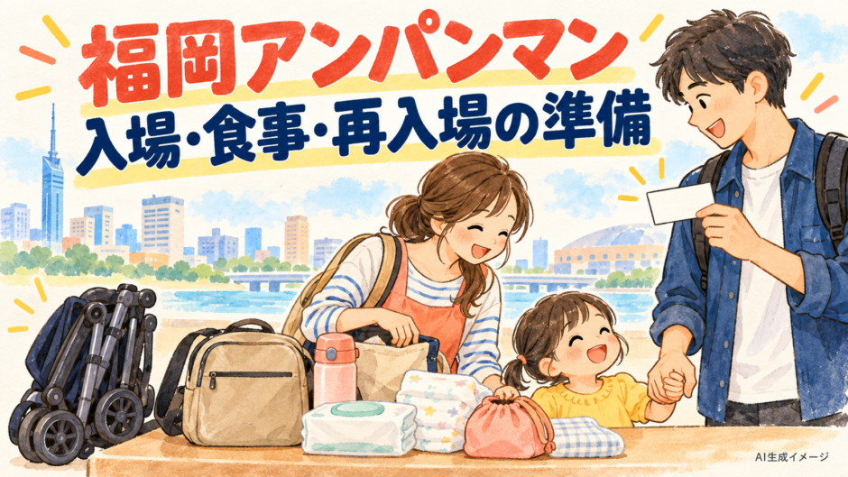 福岡アンパンマンこどもミュージアムへの入場前に家族で準備するイメージイラスト
