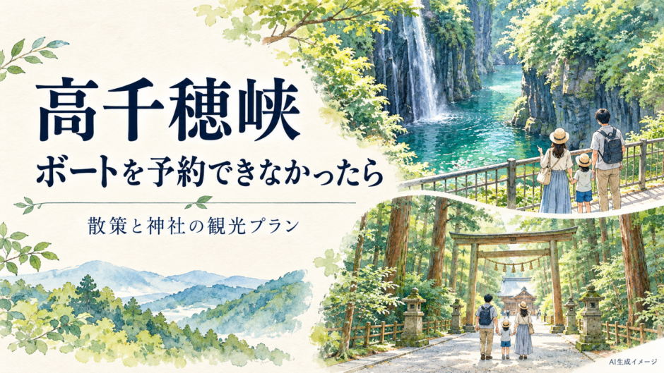 高千穂峡の散策と神社参拝を組み合わせたボートに乗らない観光プランのイメージイラスト