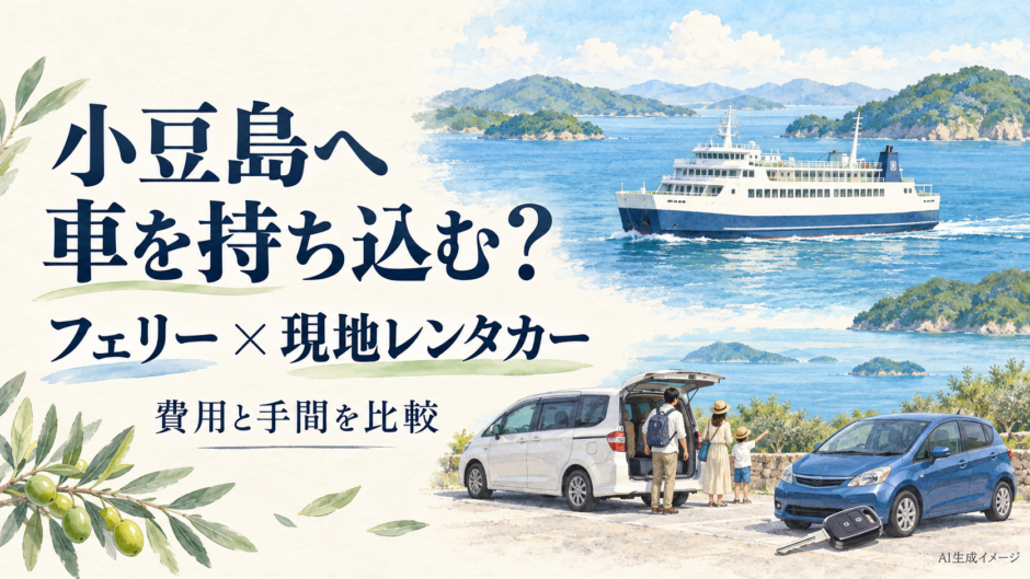 小豆島へマイカーを運ぶ方法と現地レンタカーを費用と手間で比較するイメージイラスト